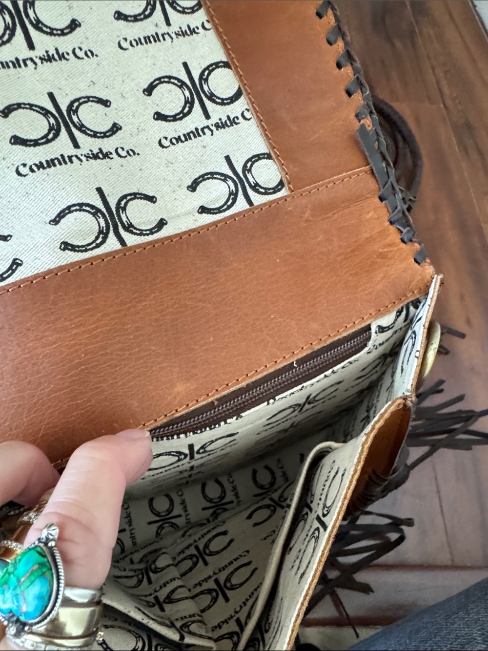 Darling Brown Leather Fringe Crossbody Bag with Black Graphic - Picture 5 of 6